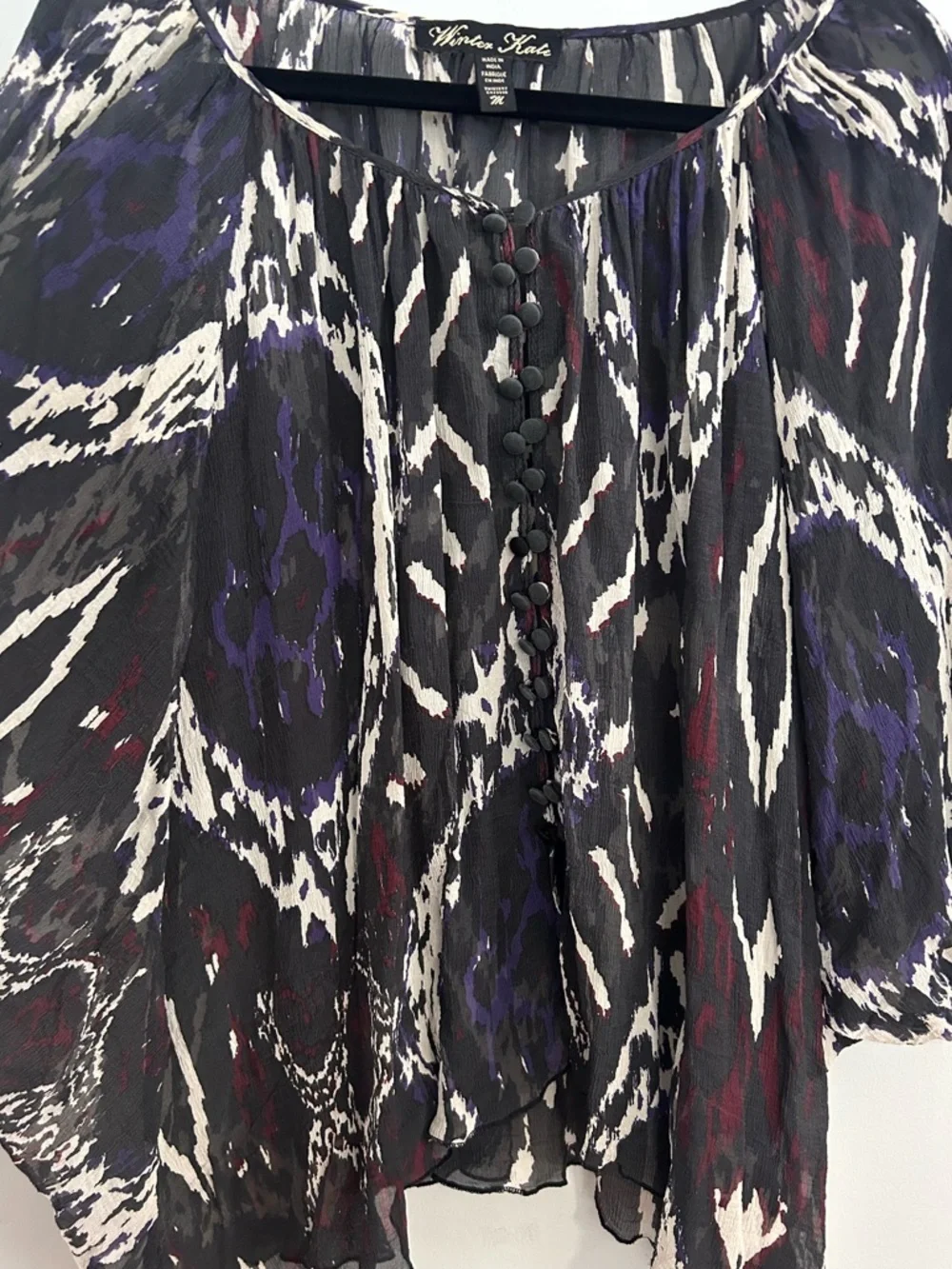 Winter Kate Silk Boho Blouse M Sheer Ikat Peasant Festival Top Vintage Silk